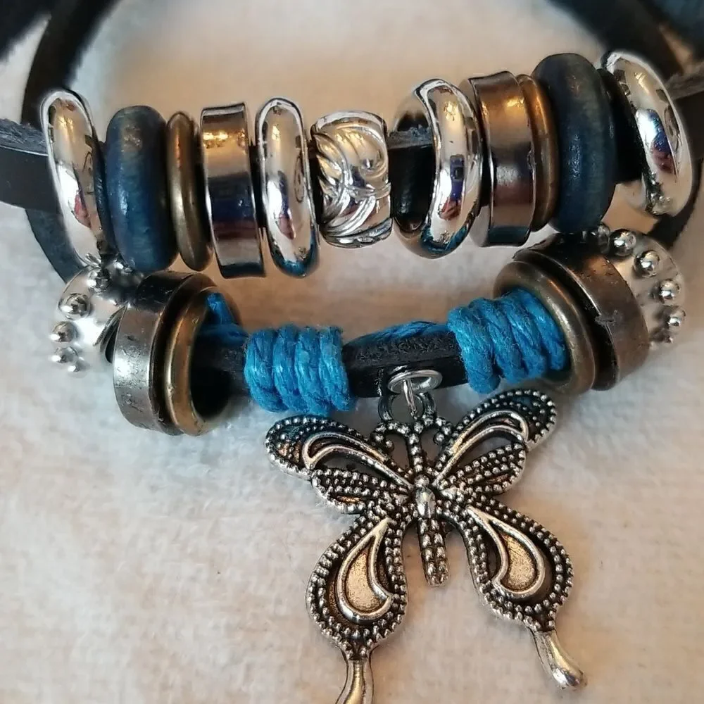 Leather bracelet adjustable butterfly